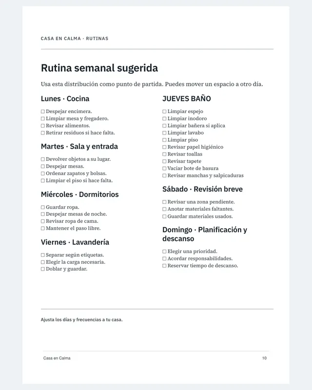 Página 10, rutina semanal sugerida