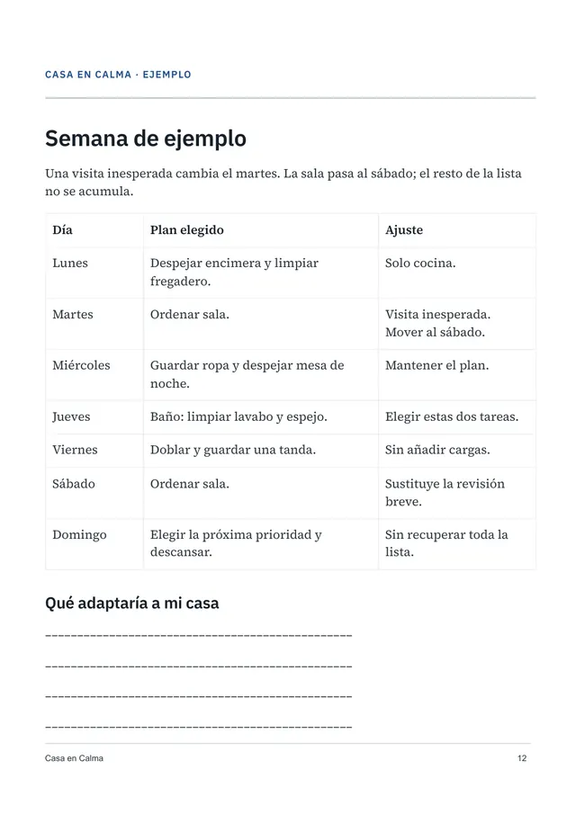 Página 12 del planner: semana de ejemplo con plan elegido y ajustes por día
