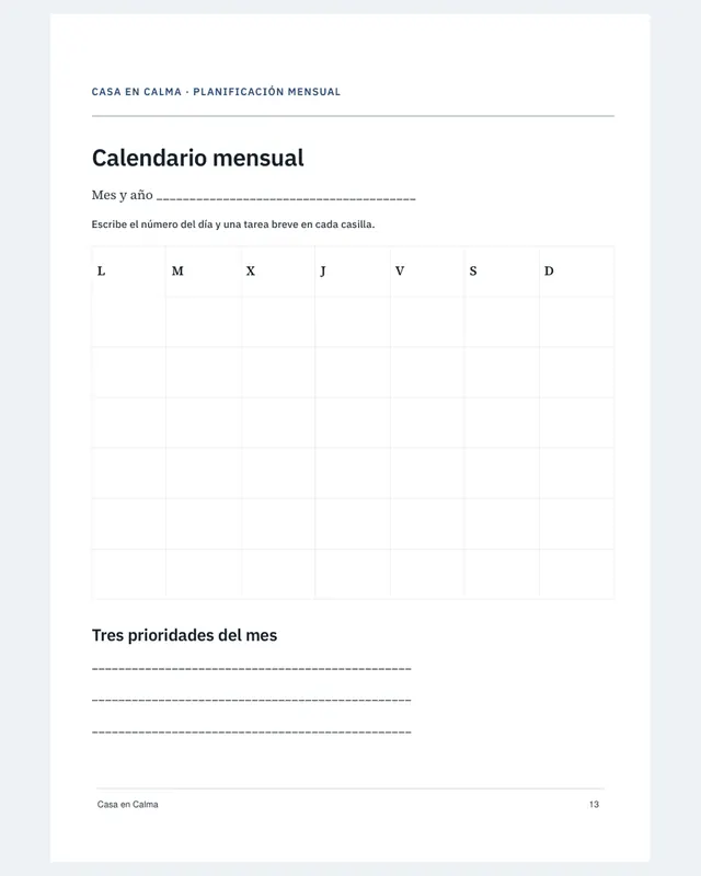 Página 13, calendario mensual sin fechas